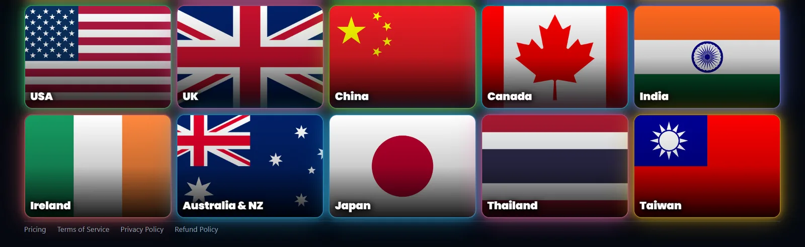 Pack tiles for USA, UK, China, Canada, India, Ireland, Australia and New Zealand, Japan, Thailand and Taiwan.