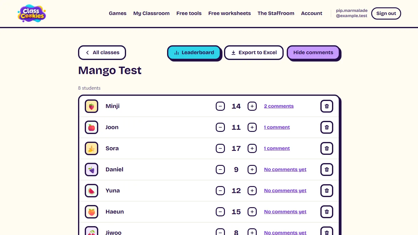 My Classroom showing the made-up Mango Test class: eight students with fruit avatars and scores.