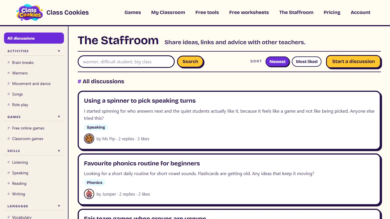The Staffroom discussion list with posts by made-up teachers.