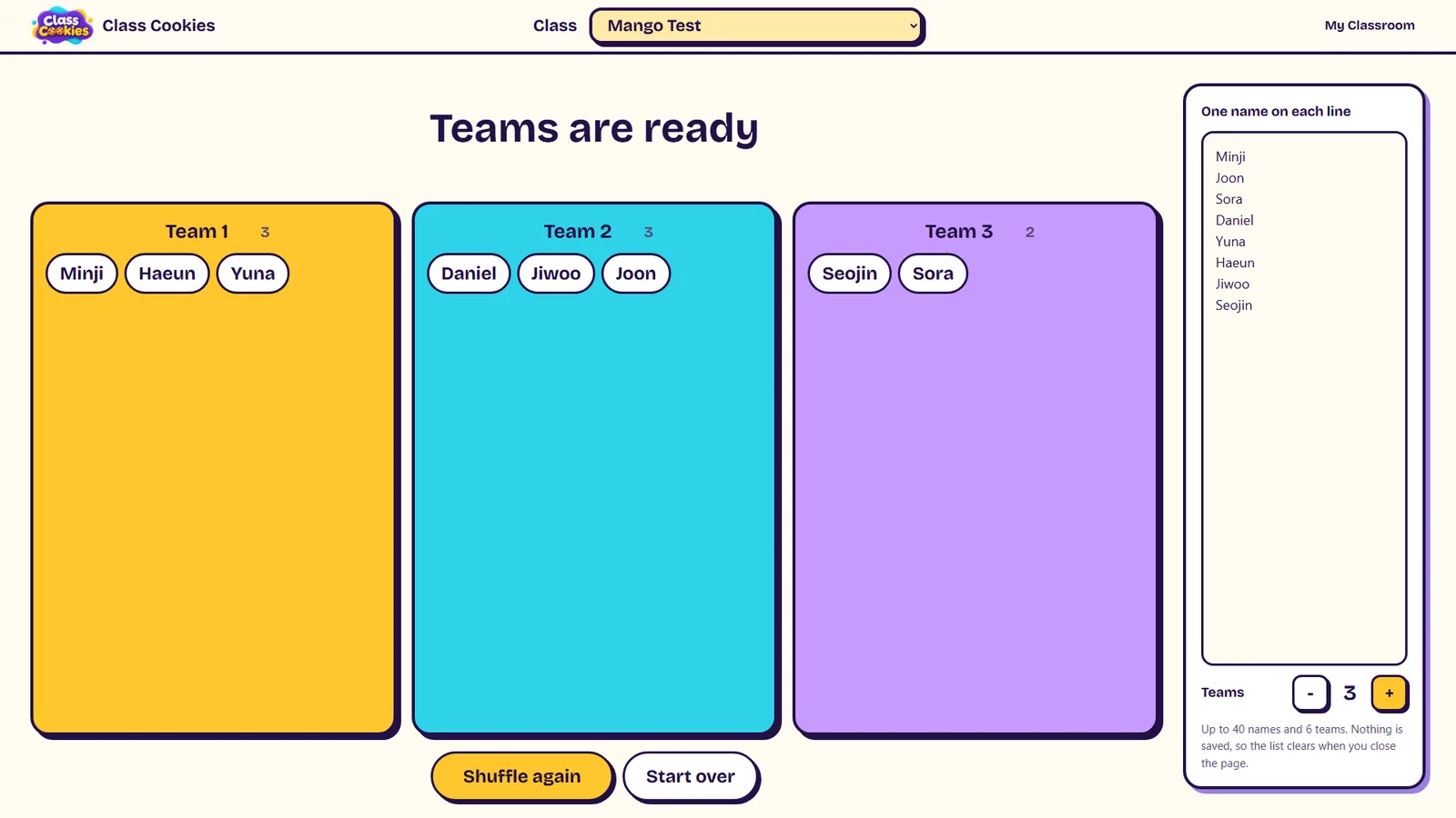 The team decider showing the Mango Test class split into teams.