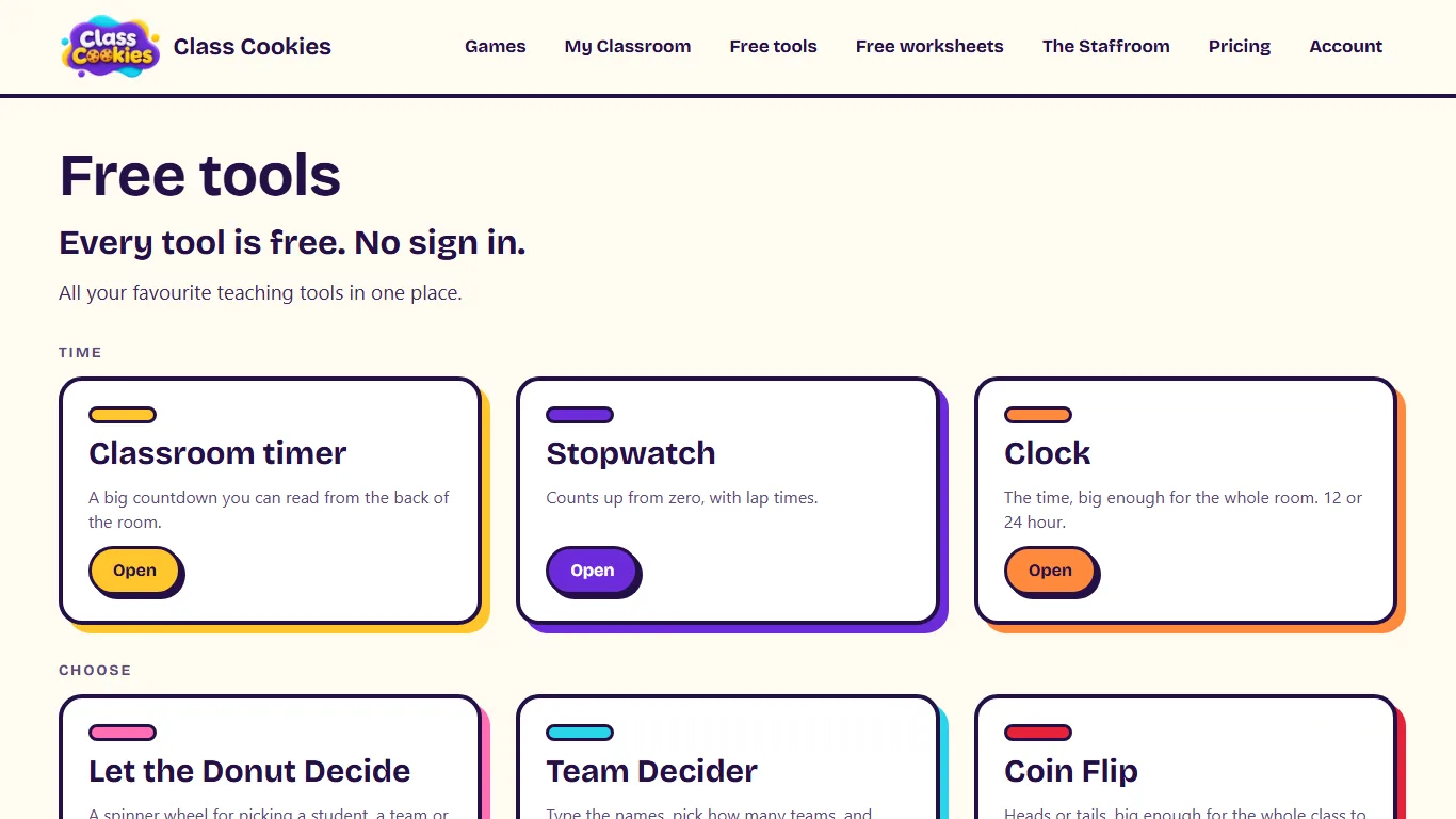 The free tools page listing eight classroom tools.