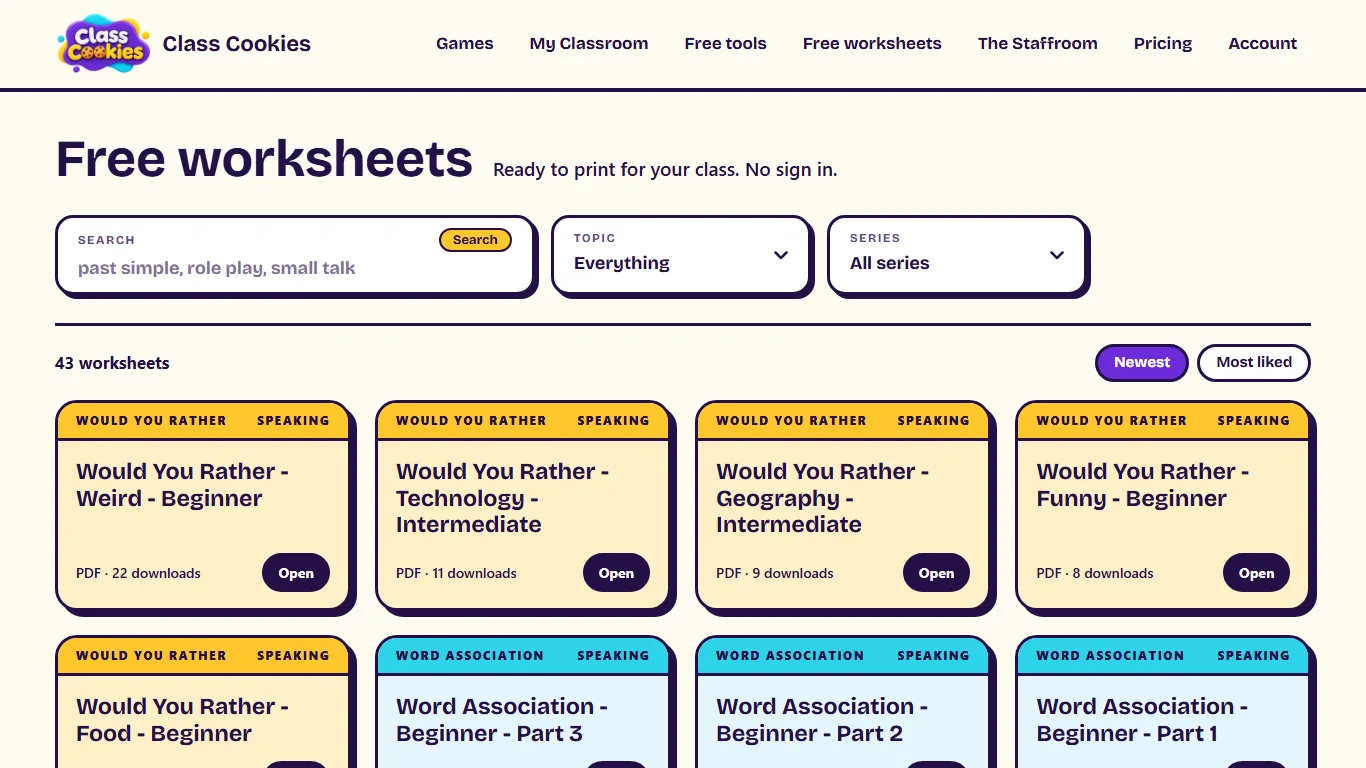 The free worksheets page: 43 worksheets with search, topic and series filters.