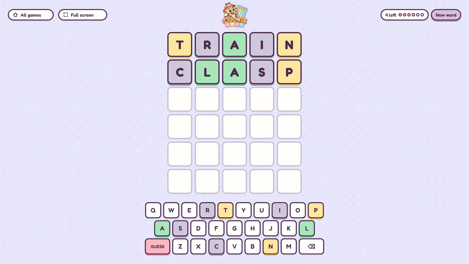 Two guesses on the board, TRAIN and CLASP, with coloured tiles and an on-screen keyboard.