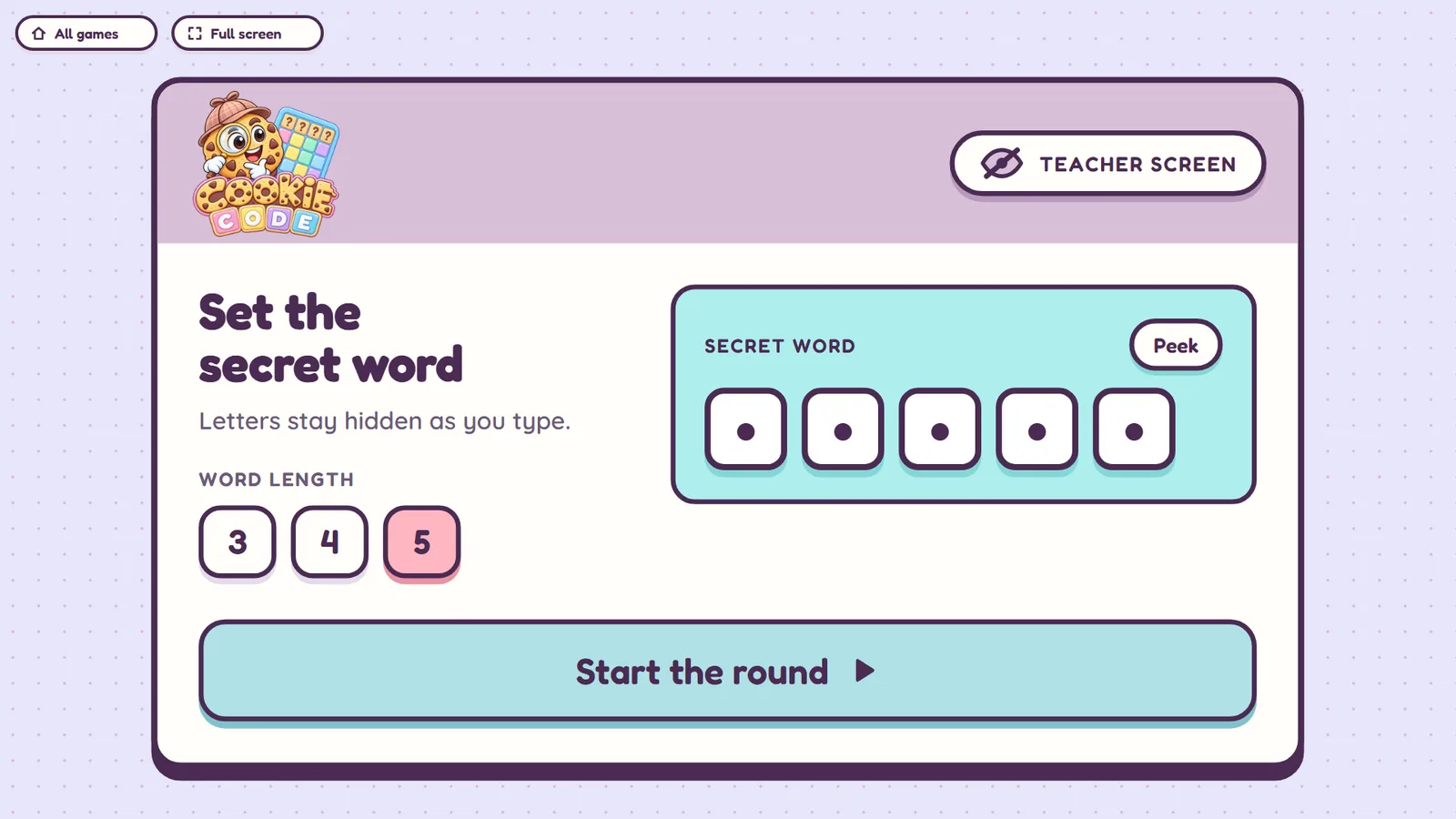 'Set the secret word': five hidden letters with a Peek button.