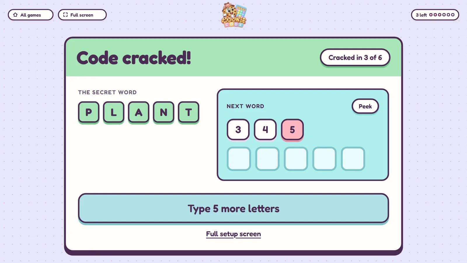 Cookie Code's result card: 'Code cracked!' with the word PLANT.