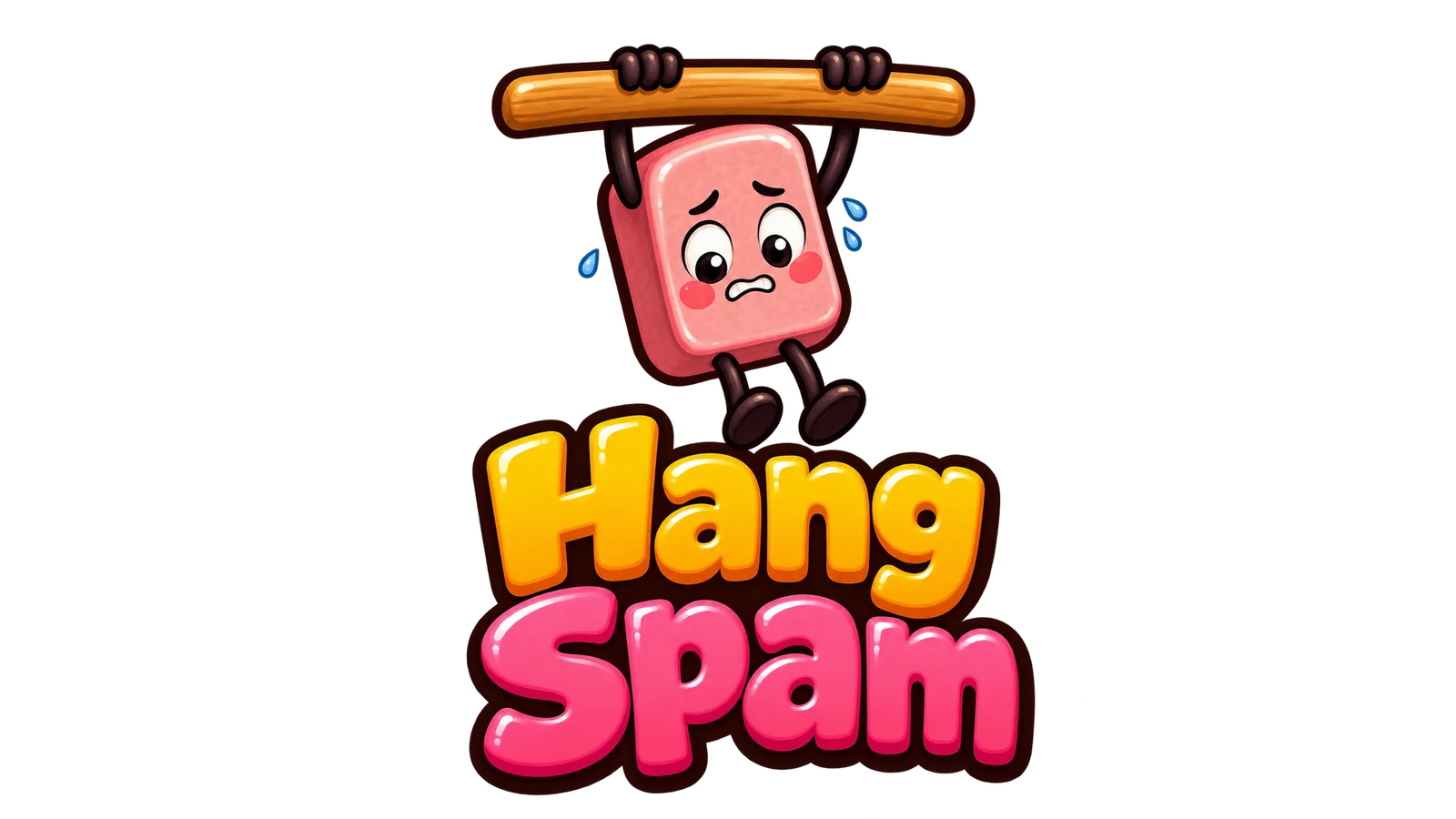 The HangSpam logo: a worried pink snack with two sweat drops, hanging from a wooden bar above the words HangSpam.