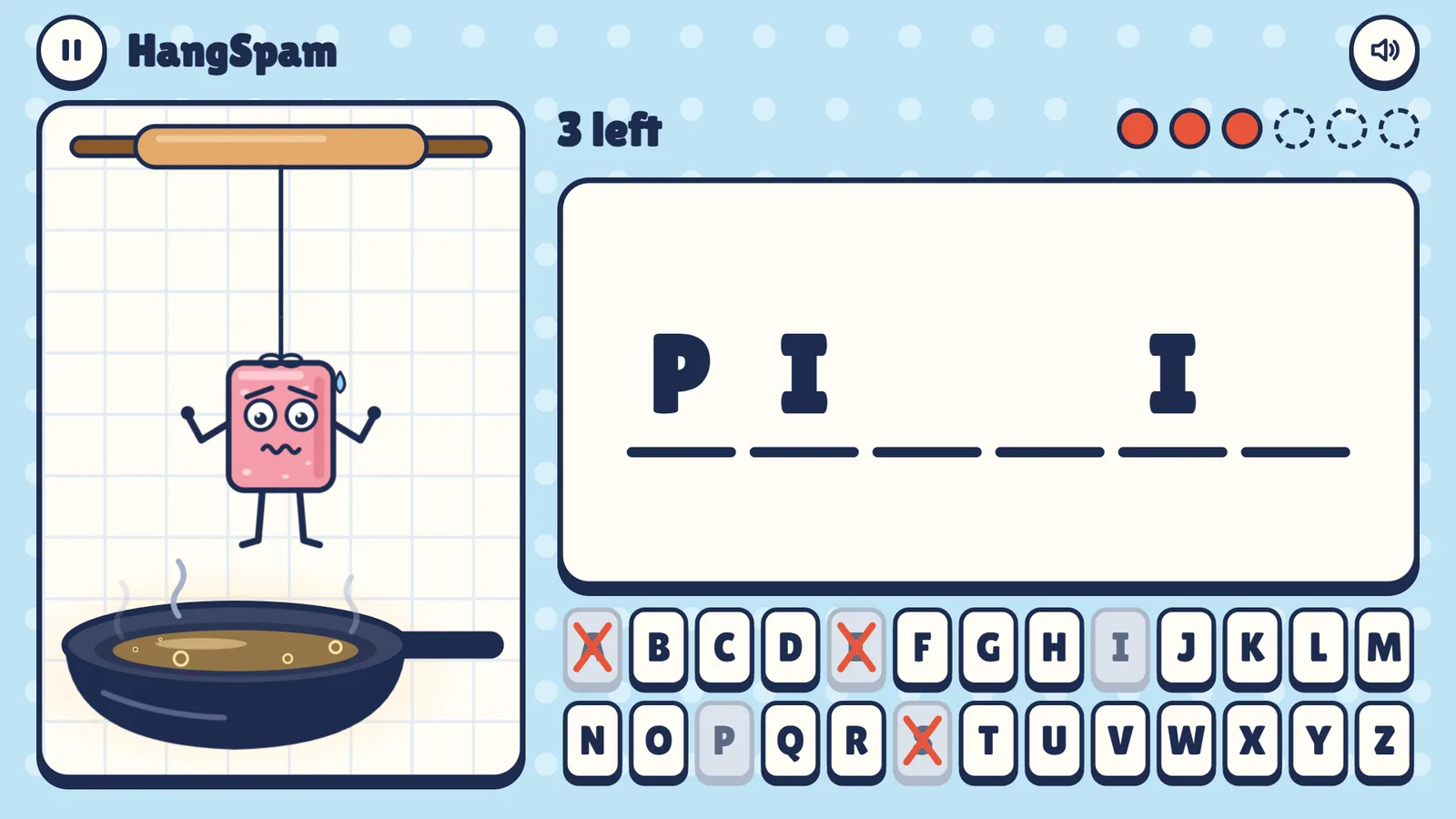 A round: the snack hangs from a rolling pin above a pan, P and I found in a six-letter word, three wrong letters crossed out, '3 left'.