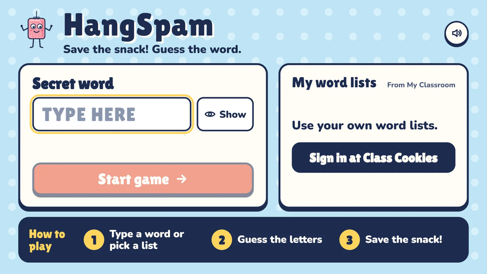 Setup: a 'Secret word' box with a Show button and Start game, and a 'My word lists' box with 'Sign in at Class Cookies'.