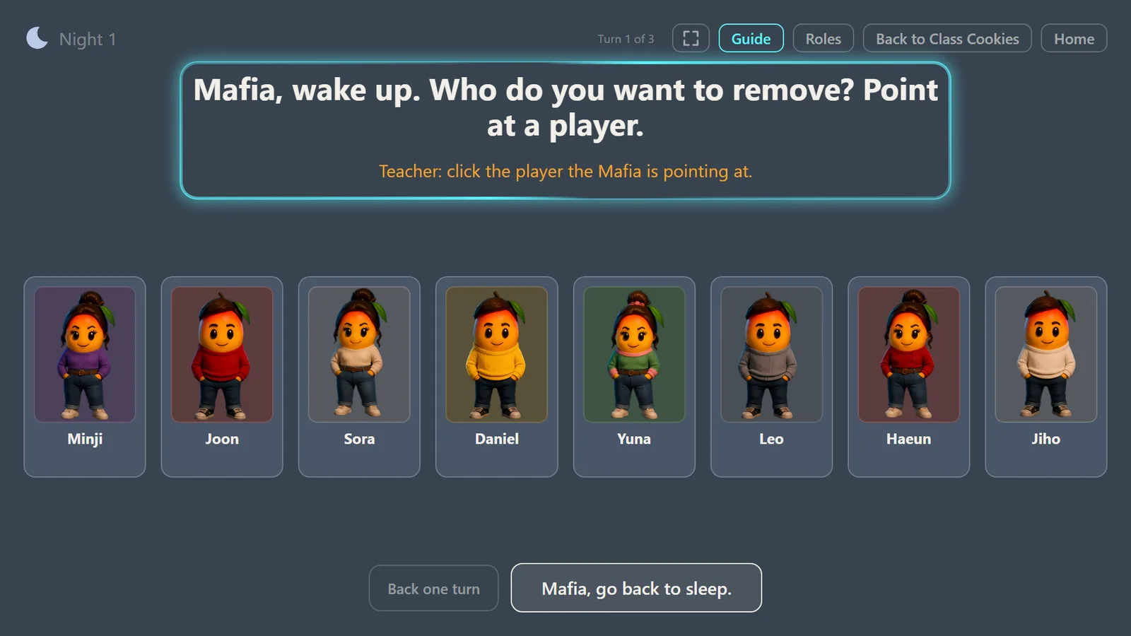 Mango Mafia at night: the prompt for the Mafia above eight player cards.