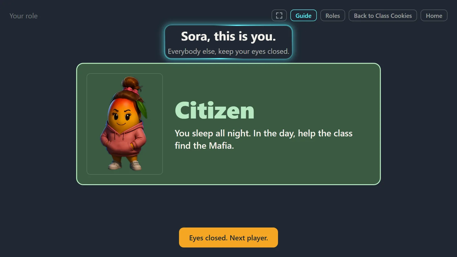'Sora, this is you.' A role card shown to one student.