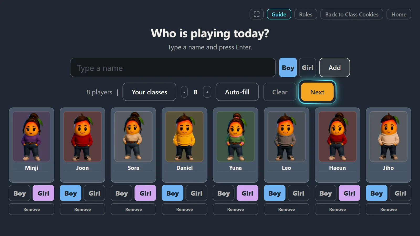 'Who is playing today?' with eight made-up players.