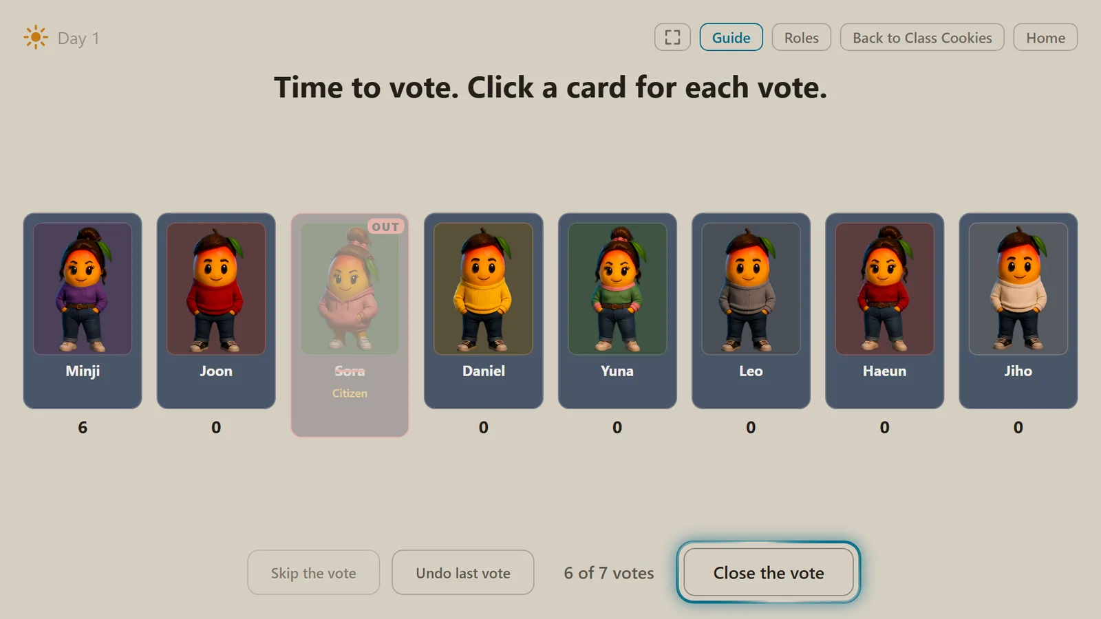 The vote screen with a count under each player.
