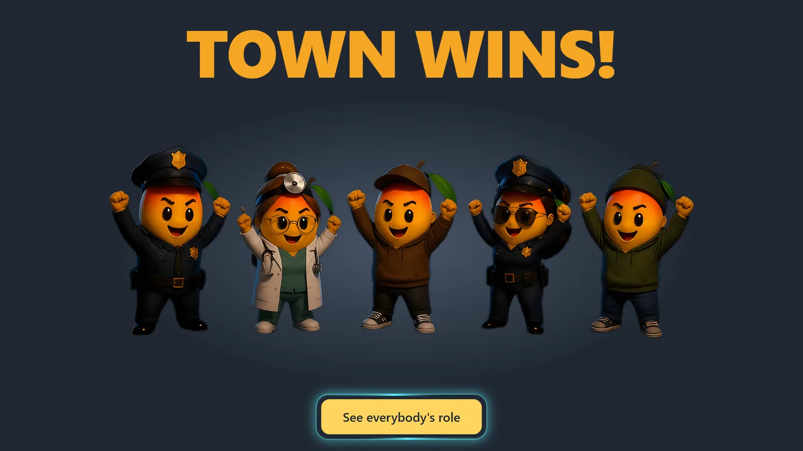 'TOWN WINS!' with the winning characters cheering.