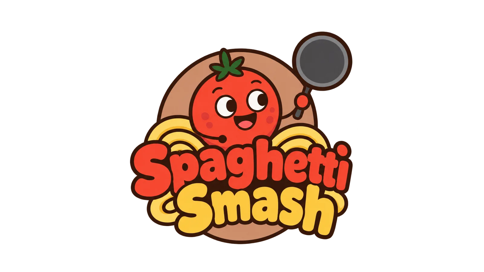 The Spaghetti Smash logo: a smiling tomato holding a frying pan above a swirl of spaghetti.