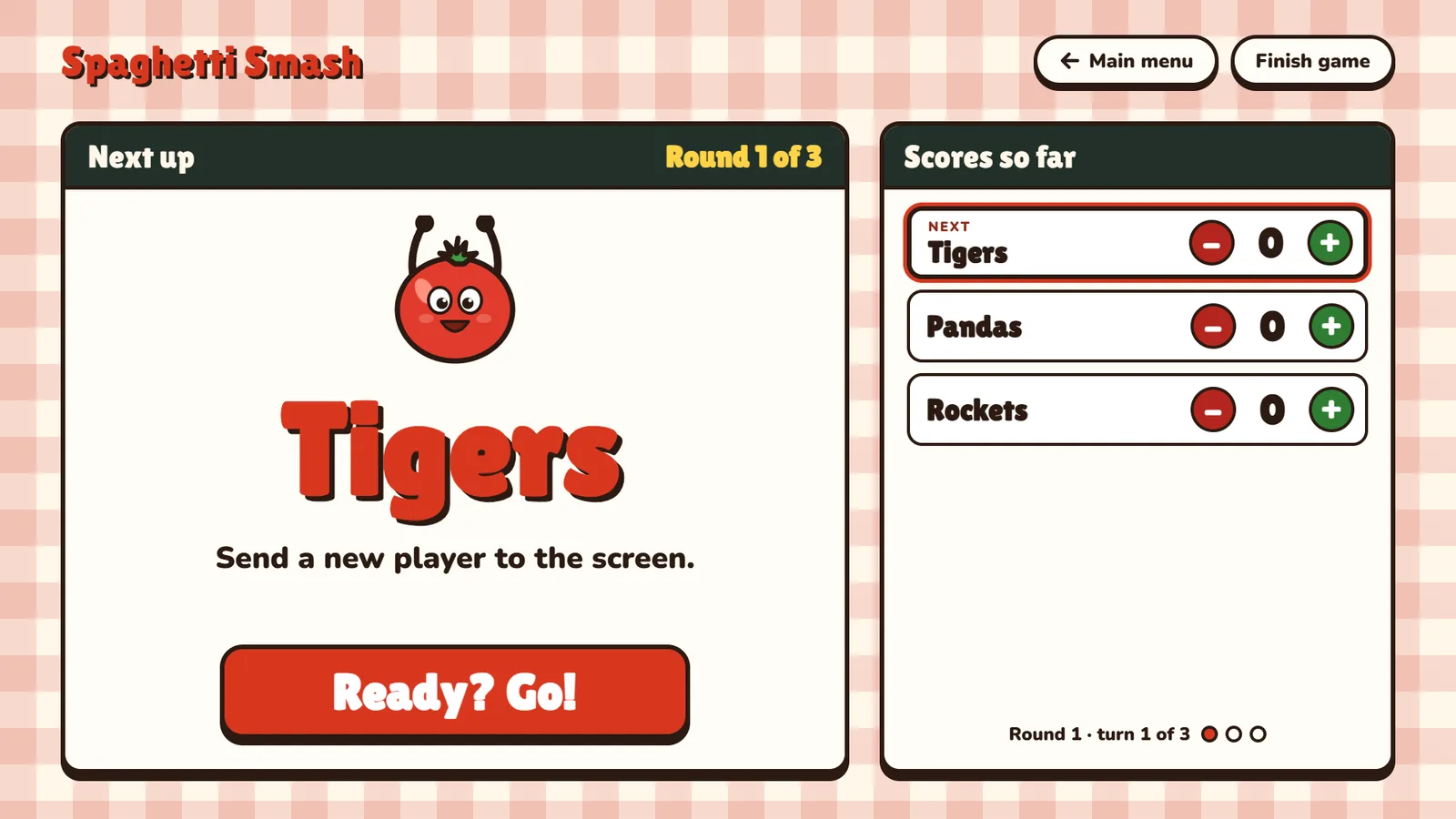 'Next up': Tigers, 'Send a new player to the screen.', Ready? Go!, the scores so far, and Main menu and Finish game at the top right.