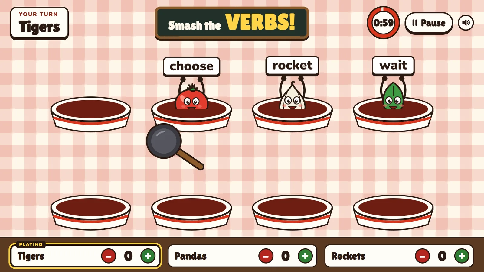 A turn: 'Smash the VERBS!' above eight bowls, three characters up holding 'choose', 'rocket' and 'wait', and the frying pan with its handle pointing down and to the right.