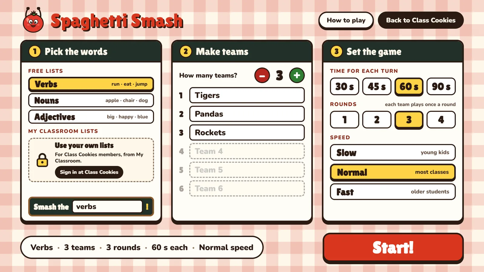 Setup: the Verbs, Nouns and Adjectives lists, a locked 'Use your own lists' box with 'Sign in at Class Cookies', three teams, and turn time, rounds and speed.