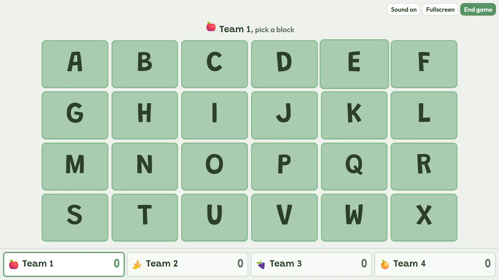 The Super Mushroom Man board: 24 lettered blocks and four team scores.