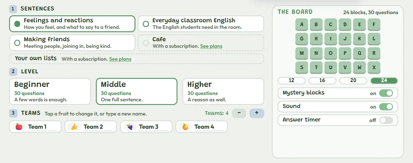 The setup screen: sentence deck, level, teams, board size, and mystery block, sound and timer switches.