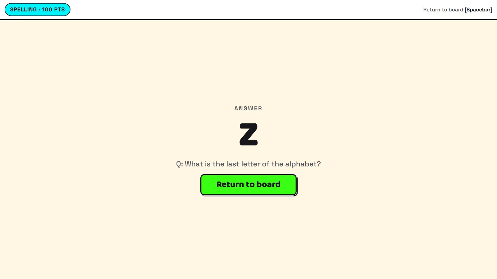 The answer 'Z' shown full screen with a Return to board button.