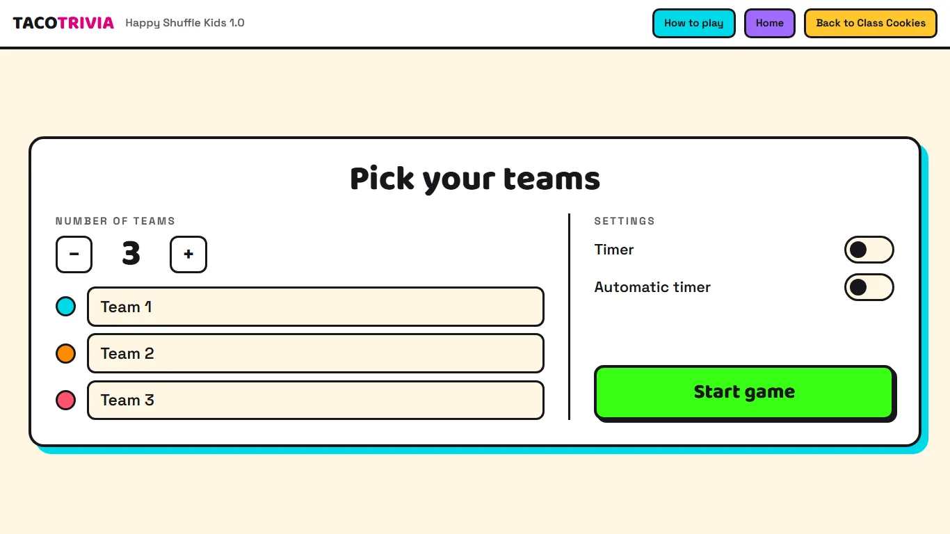 'Pick your teams': three teams, timer settings and a Start game button.